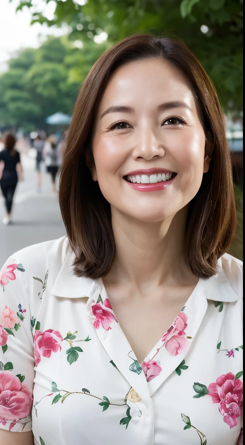 Standing in the park, Wrinkles around the eyes, Smiling with teeth showing, Plain short-sleeved clothing, senior citizen, Draw lips correctly, Red lipstick, No discomfort, 16K, Highest quality, Very detailed, Realistic, Very detailed肌, (Japanese), (alone), 60 years old, Large Breasts, , Glamour, sexy, Chromo White Skin, Staring straight ahead,