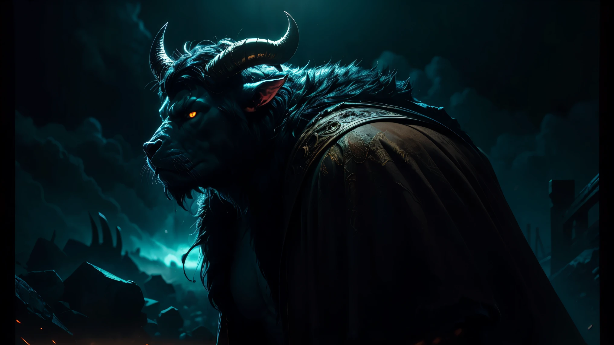 Vivid, high-contrast horror portrait of a minotaur beast with long sharp horns and a hulking black fur-covered frame draped in a tattered dark robe, wearing a brown robe, under a dramatic, gritty lighting, side view