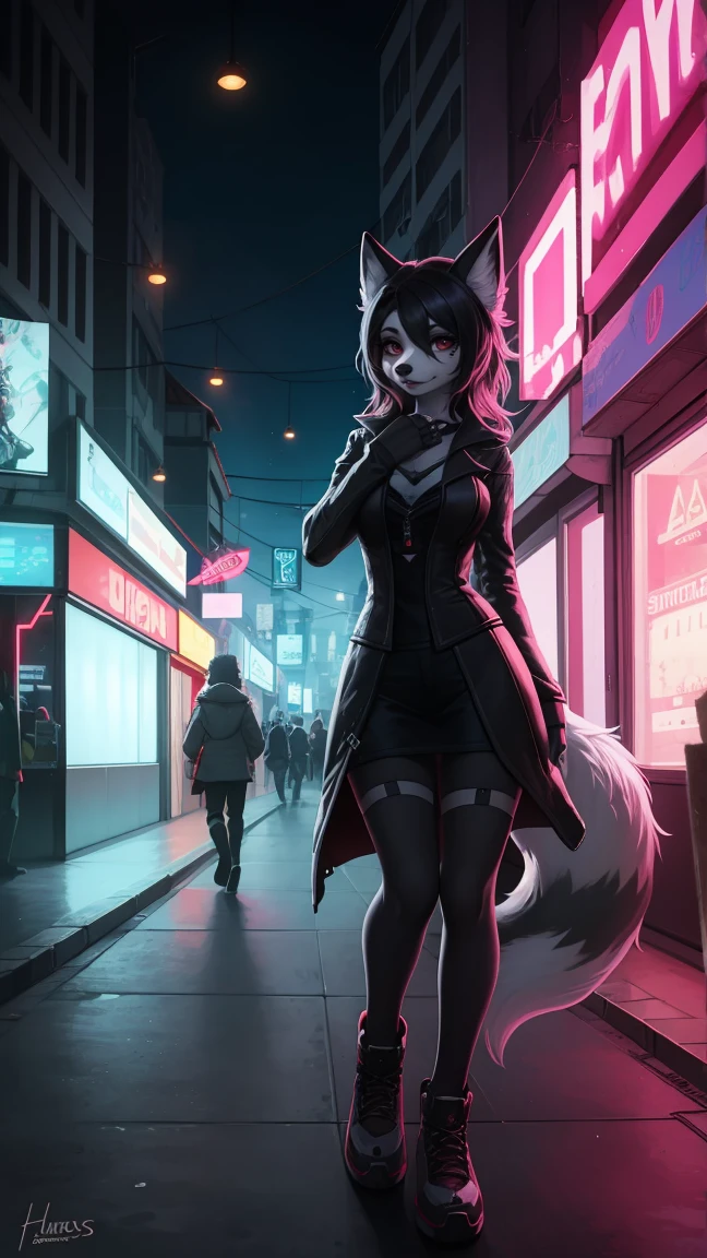 Cyberpunk fox, Schönes LIcht und Schatten auf eInem schönen GesIcht mIt hellrosa Haaren、AmbIentebeleuchtung am Strand、Ultra-fIne fur、Das volumetrIsche LIcht Ist sehr detaIllIert，Furry Art von höchster QualItät, I