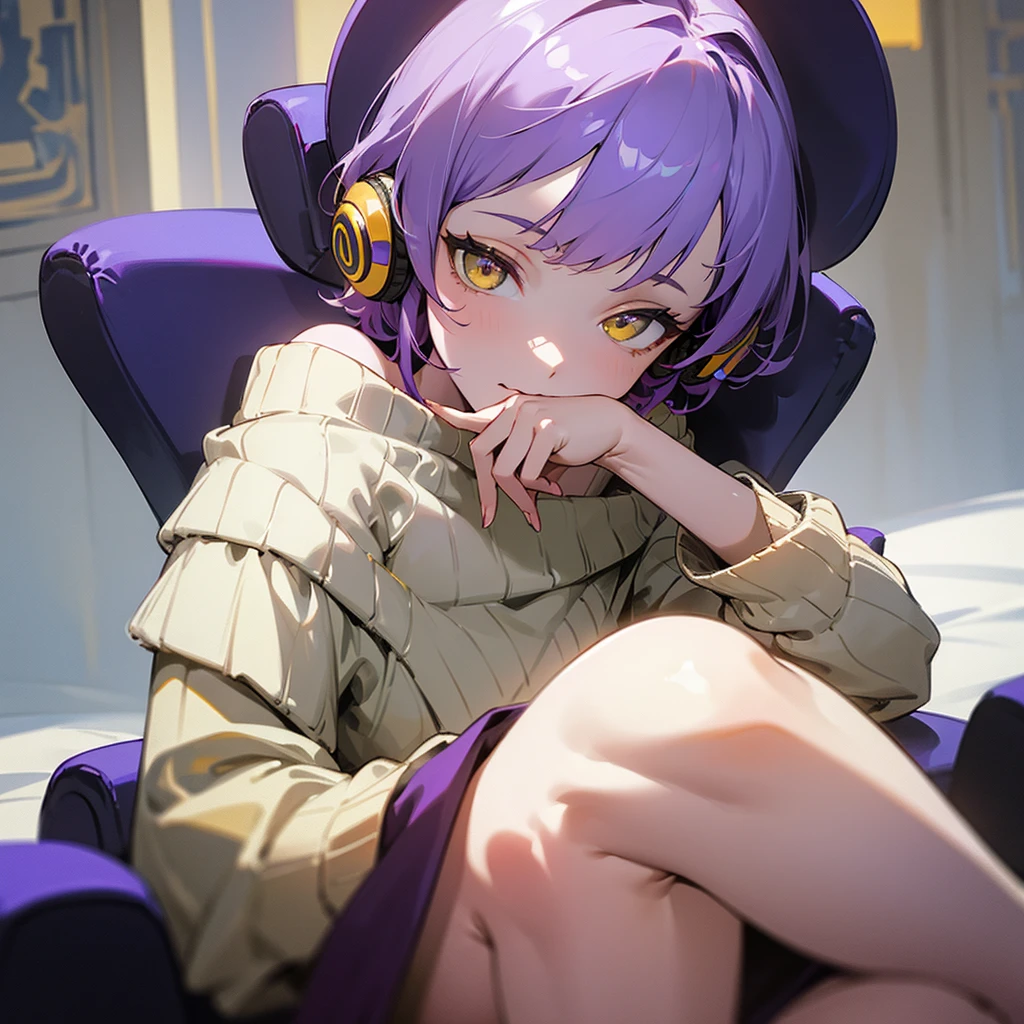 ((best quality)), ((masterpiece)), (detailed),man, off-shoulder sweater, sitting , Purple hair, short hair , White skin, yellow eyes , Chilling face , Put on headphones