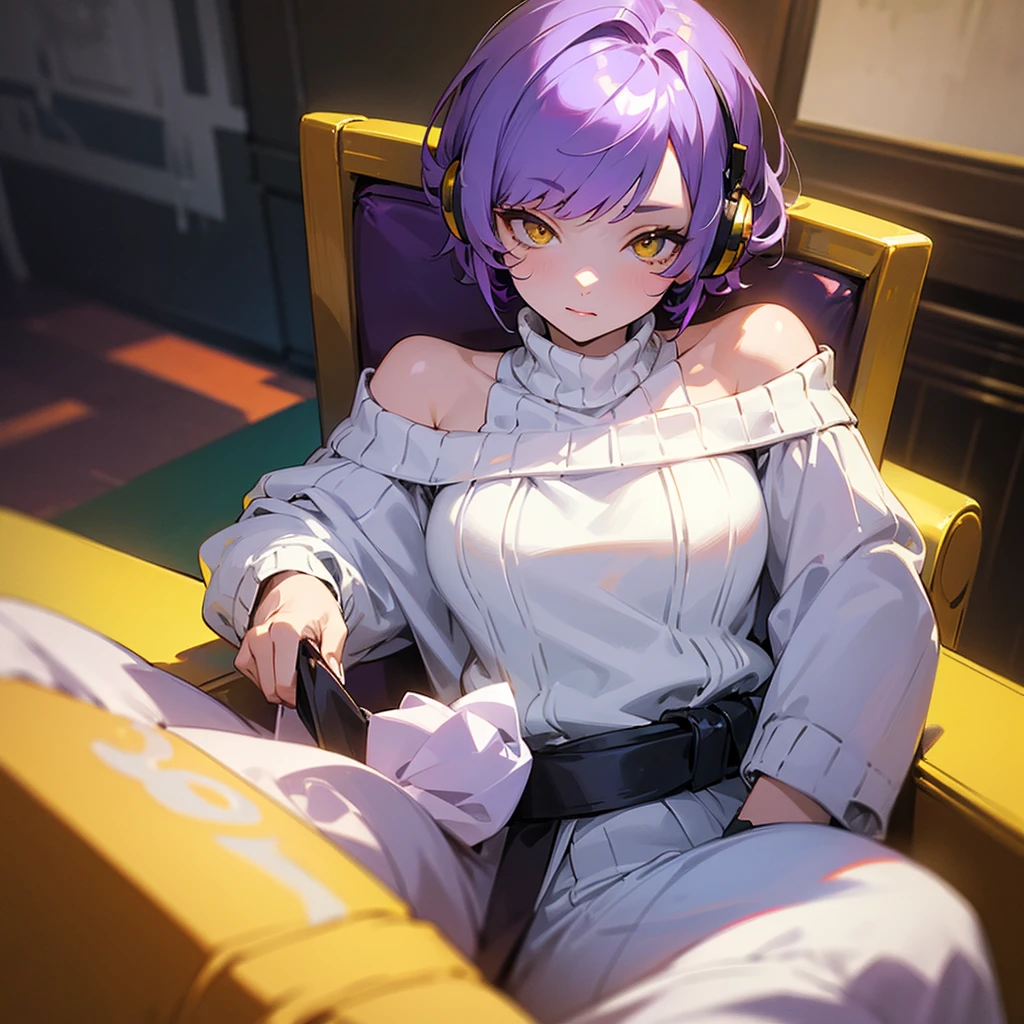 ((best quality)), ((masterpiece)), (detailed),man, off-shoulder sweater, sitting , Purple hair, short hair , White skin, yellow eyes , Chilling face , Put on headphones