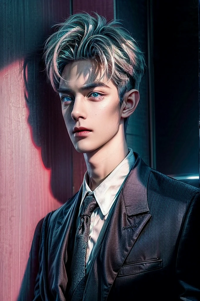 Handsome boy, blue eyes, white hair highlighted with pink and turquoise, expressionless, wearing black formal suit, CEO office background