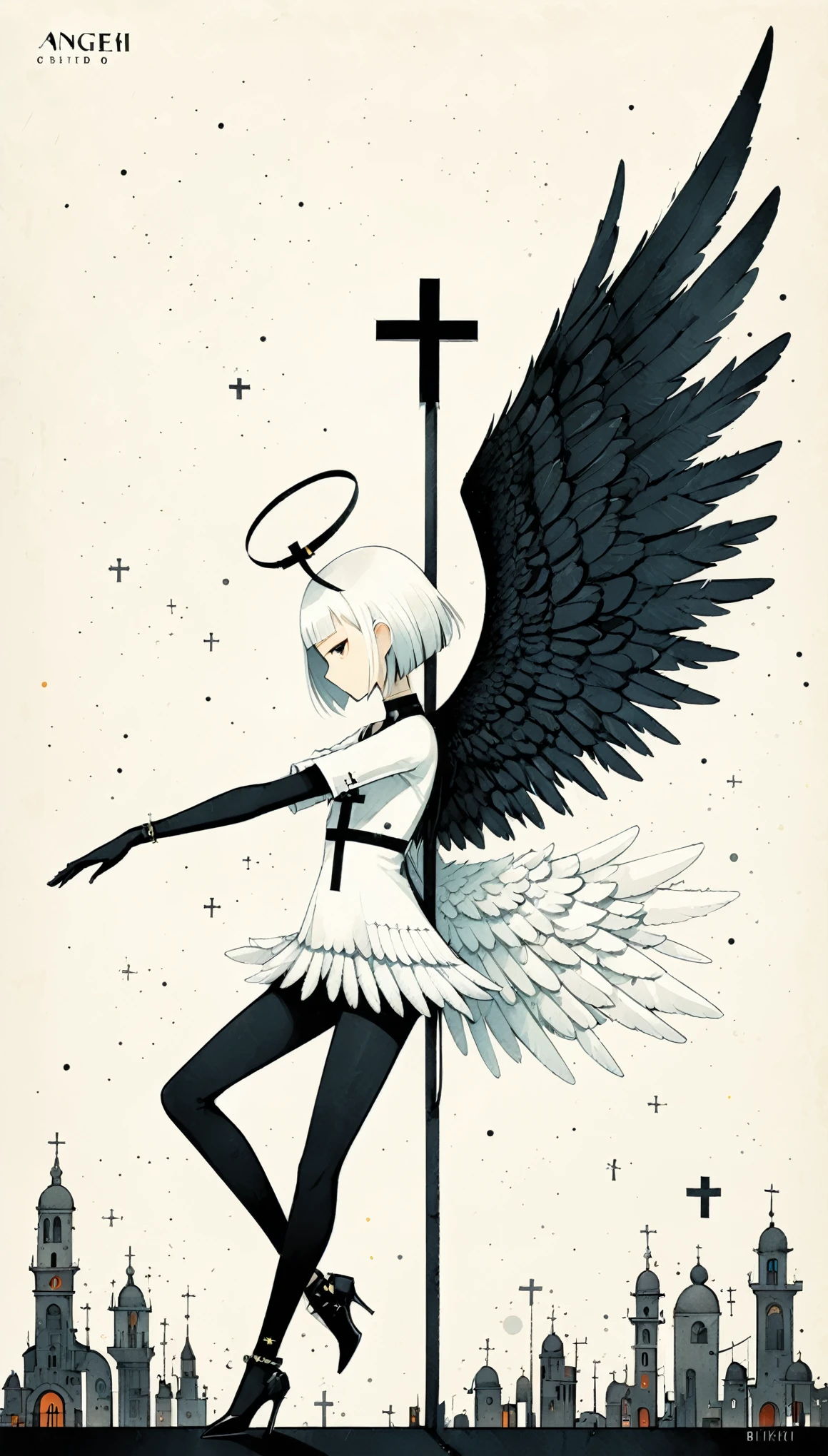 in style of Santiago Caruso,in style of Dan Matutina,(in style of Mike Azevedo:1.4),
1girl,(bikkii:1.3),(withe and black cross angel:1.4),(cross-body stretch:1.2),
(black wing and white wing:1.4),
