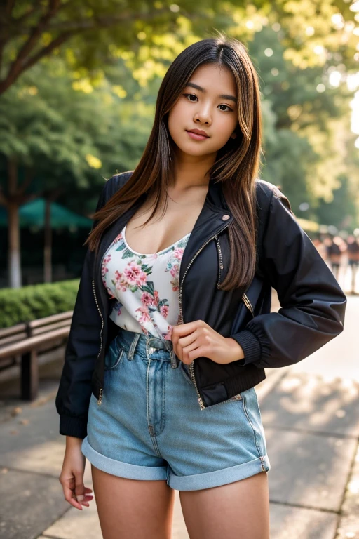 A closeup, A cute hourglass body, 18-year-old beautiful asian teen girl , She has long light brown straight hair, radiating sensuality and confidence. she poses, exuding youthful sensuality, first-person view, pov, bokeh, Nikon, UHD, retina, masterpiece, ccurate, anatomically correct, textured skin, super detail, high details, high quality, award winning, best quality, highres, HD, solo focus, very large breast, enjoying her time, closeup, angle view , wearing a cute floral shorts rompers, jacket, backpack, at the park, trees, on the sidewalk, selfie , 8K , hyper realistic, soft light