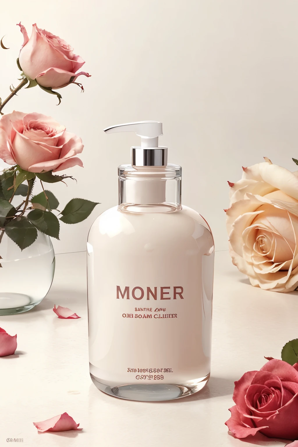 Give me some mockups for toner bottle with clean bottle with rose inside and basic cream background and some rose