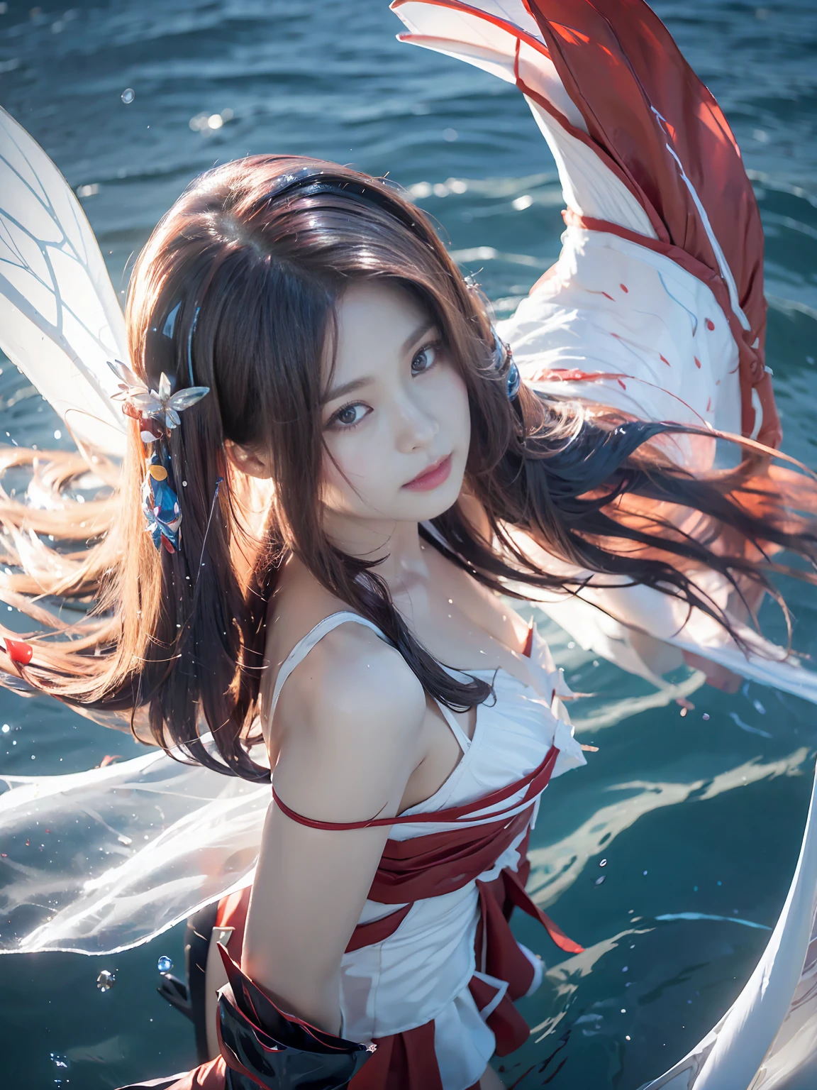 Arapei in a dress stands in the water, Anime girl walking on water, closeup fantasy with water magic, azur lane style, trending on cgstation, Anime girl cosplay, seraphine ahri kda, Splash art anime , trending at cgstation, realistic water, water fairy, WLOP and Sakimichan