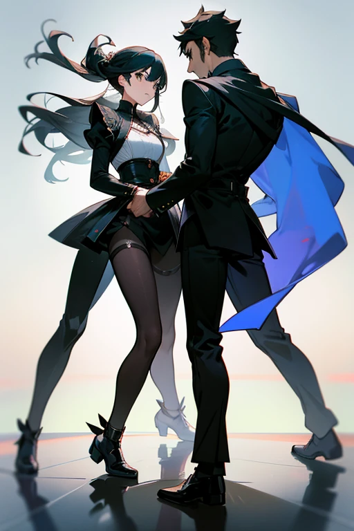 A man and a woman confront each other on flat ground，full-body shot