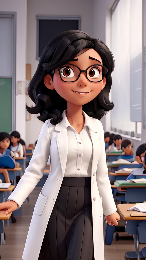 teacher with medium black hair wearing round glasses and white coat waving