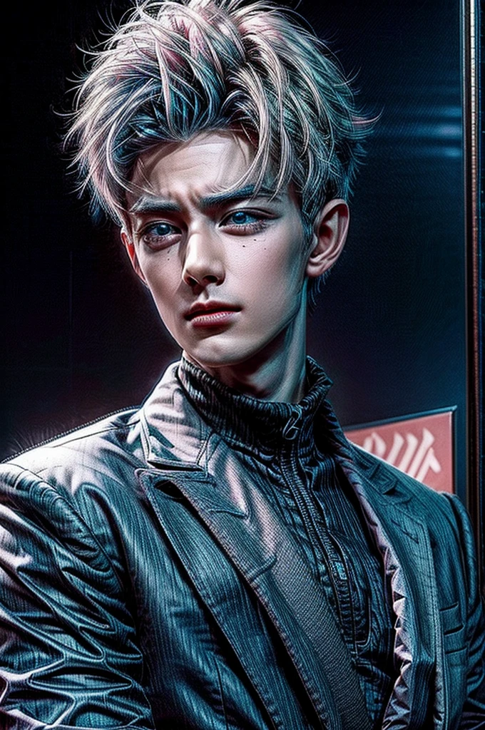 Handsome boy, blue eyes, white hair highlighted with pink and turquoise, expressionless, wearing black formal suit, CEO office background