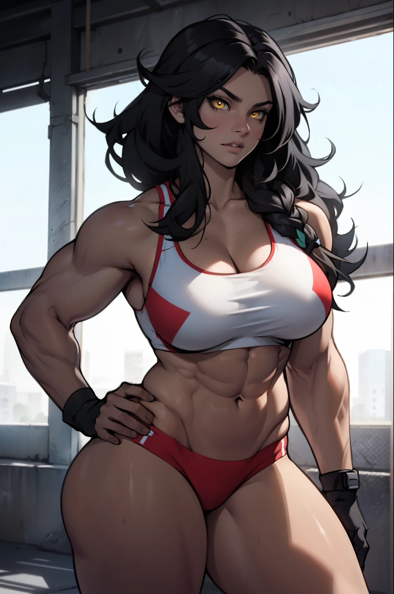 athletic girl massive hair black hair yellow eyes pale skin large muscular girl
