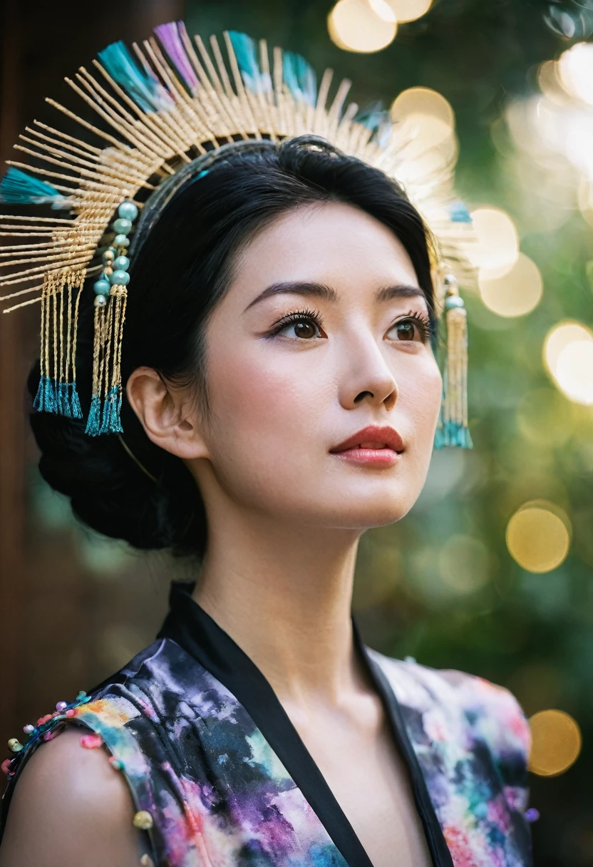 An upper body beautiful cute Japanese woman, still from the film, (Anne Hathaway look alike face: 0.7), wearing a alcohol ink watercolors dress, Girl looking up, front, squarely, Chinese style, black updo, black hair, metal headdress, tassel headdress, top light, look up, soft light, Leica SL3, Summicron-SL 75 f/2 ASPH, Kodak Gold 200 film, bokeh, rim lighting, silhouette, shallowed depth of field, dynamic hands up,