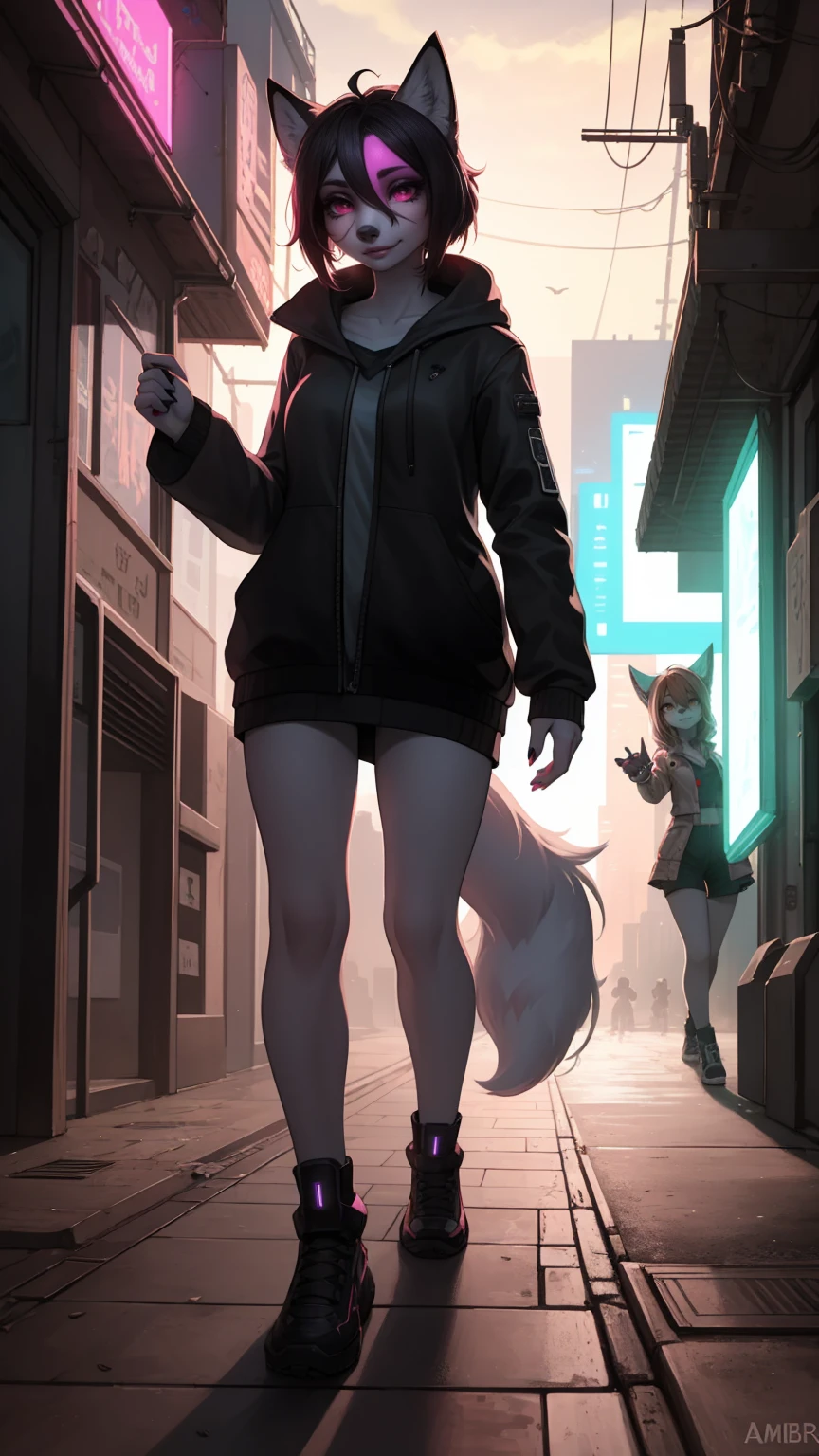 Cyberpunk fox, Schönes LIcht und Schatten auf eInem schönen GesIcht mIt hellrosa Haaren、AmbIentebeleuchtung am Strand、Ultra-fIne fur、Das volumetrIsche LIcht Ist sehr detaIllIert，Furry Art von höchster QualItät, I