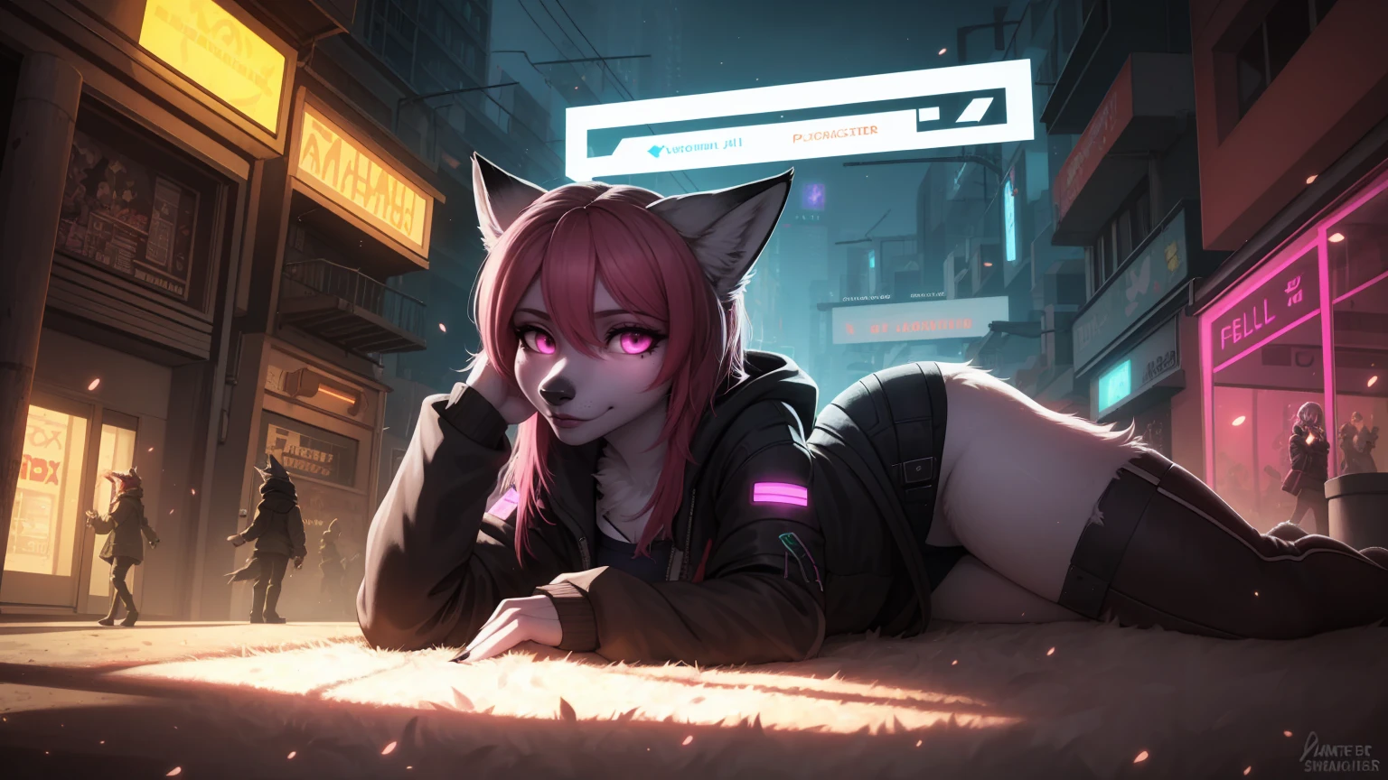 Cyberpunk fox, Schönes LIcht und Schatten auf eInem schönen GesIcht mIt hellrosa Haaren、AmbIentebeleuchtung am Strand、Ultra-fIne fur、Das volumetrIsche LIcht Ist sehr detaIllIert，Furry Art von höchster QualItät, I