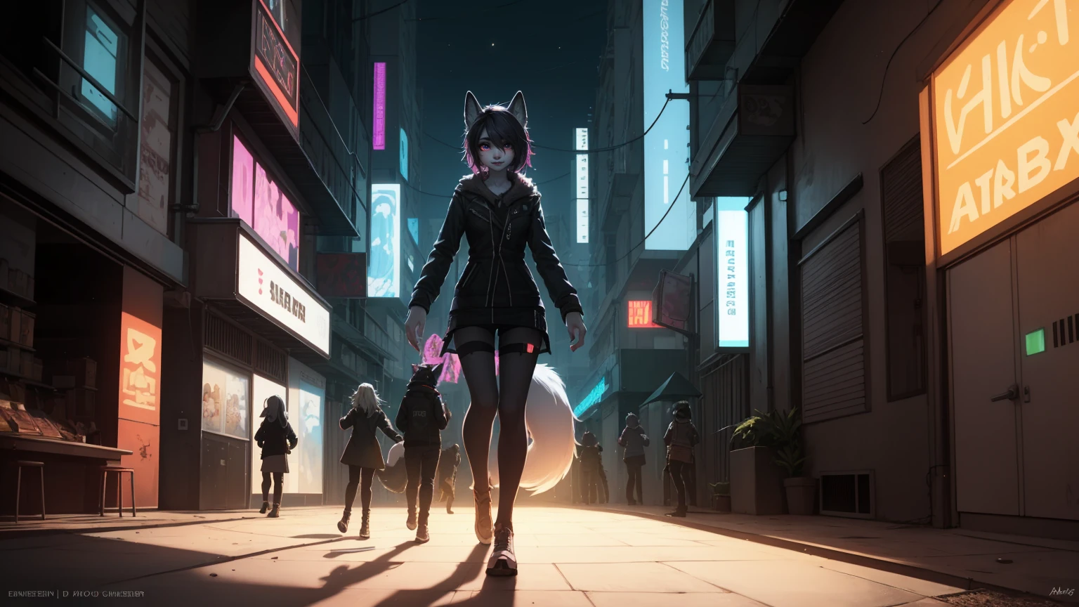 Cyberpunk fox, Schönes LIcht und Schatten auf eInem schönen GesIcht mIt hellrosa Haaren、AmbIentebeleuchtung am Strand、Ultra-fIne fur、Das volumetrIsche LIcht Ist sehr detaIllIert,Furry Art von höchster QualItät, I