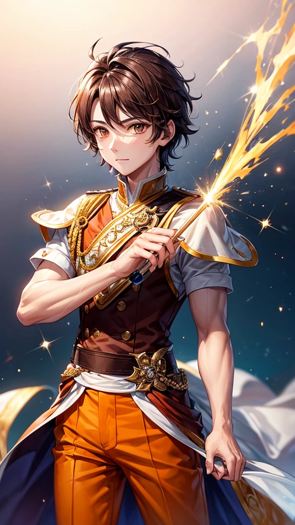 A prince with shiny brown hair and sharp, sparkling orange eyes. Wear short sleeves and long pants.