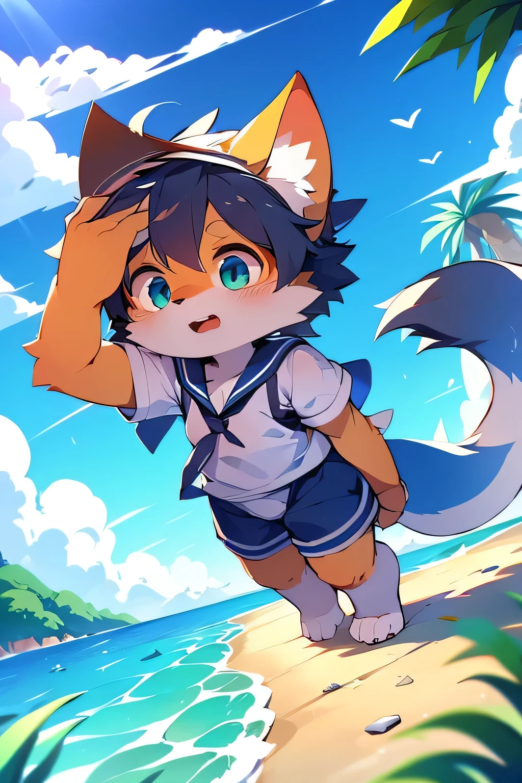(Dagashi: 1.1)fox fur boy,Ocean,(Dynamic Angle)Highest quality,Highest quality,High quality illustrationasterpiece,Ocean blue landscape,Sailor suit,Furry