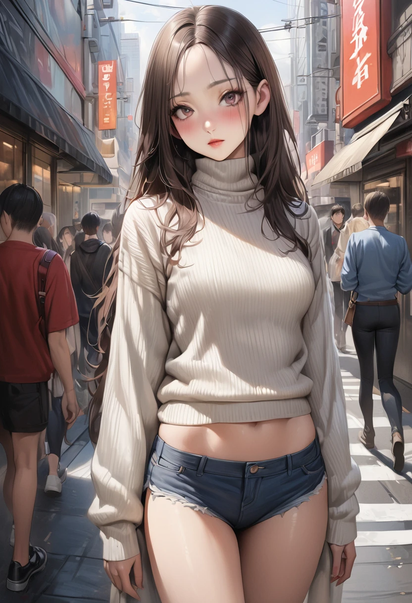 (realistic),((masterpiece,Highest quality:1.3,best quality illustration)),cowboy shot,独奏,1woman,(20 year old beauty),((very small head:1.3)),black hair,long hair,forehead,center parted bangs,black eyes,gorgeous big eyes,blush,((very long body,skinny)),medium breasts,(White long sleeve turtleneck knit sweater)、Denim micro shorts、gleaming skin,toned body,slender body,skinny,standing,on street,Shinjuku、Tokyo、