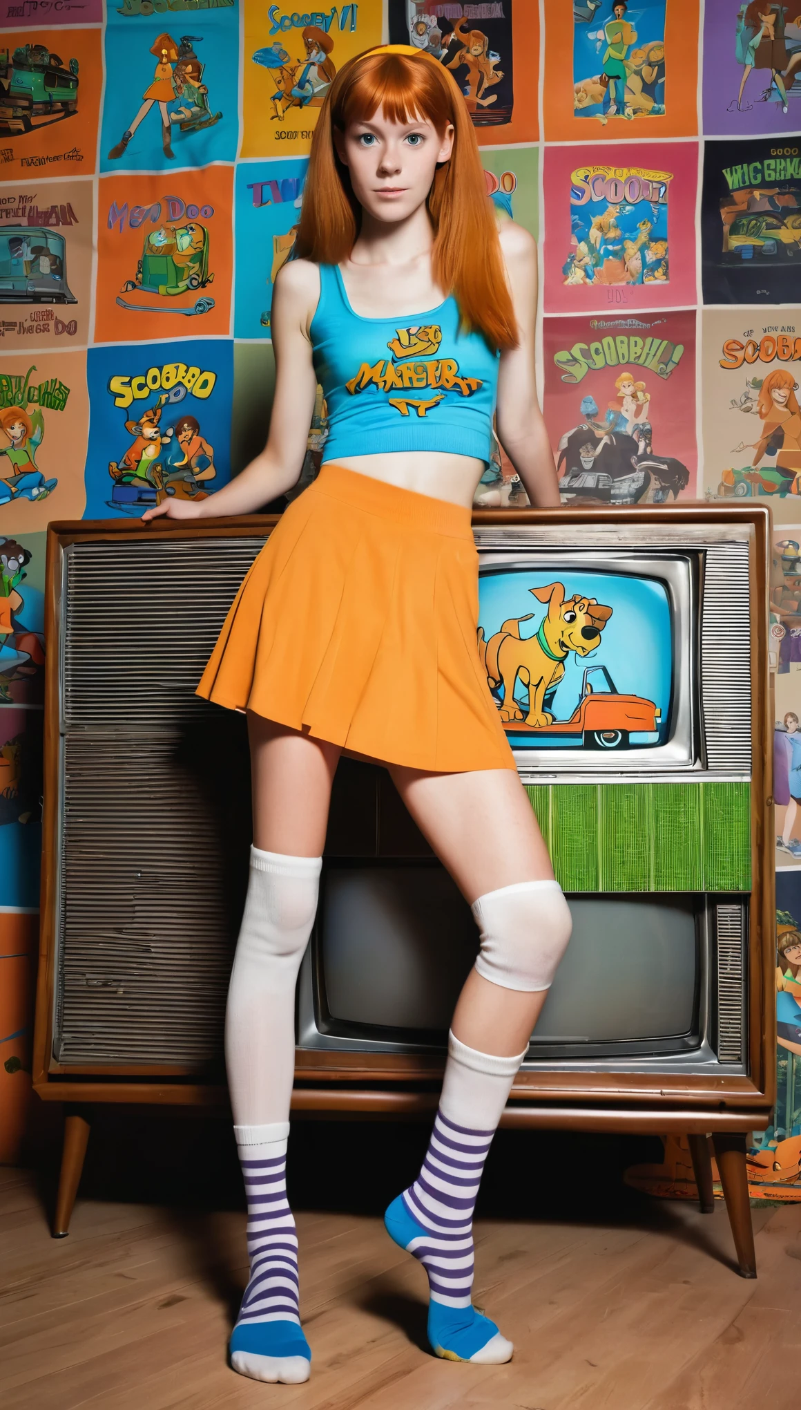 Photoshooting, A girl posing on top of multi old tv`s and boxes, shot from below, 15 years old girl, porcelain white skin and freckles, ginger hair,gentle smile,very very skinny girl with a mini low-cut tank top and mini skirt, outfit in the style of television program the mystery machine of scooby doo and his friends, wide shot a beautiful girl, (plain background ),interior tv studio,(looking at viewer), long socks with shoes, wide shot, ginger girl, dinamyc pose, from below, vintage van