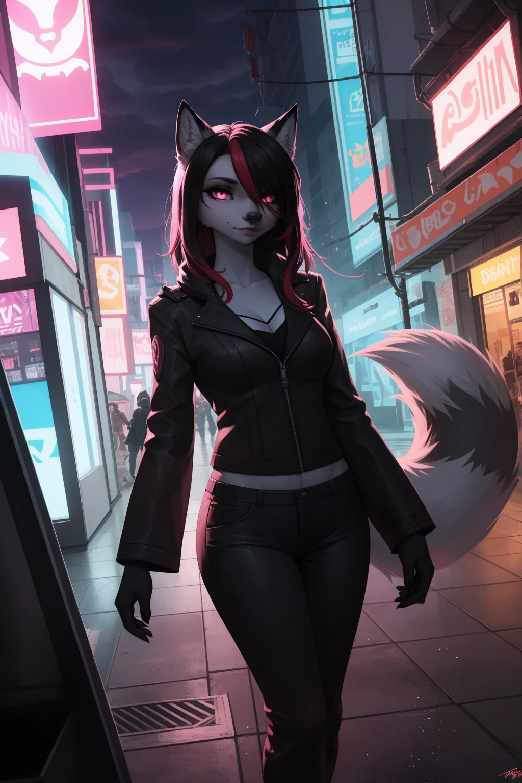 Cyberpunk fox, Schönes LIcht und Schatten auf eInem schönen GesIcht mIt hellrosa Haaren、AmbIentebeleuchtung am Strand、Ultra-fIne fur、Das volumetrIsche LIcht Ist sehr detaIllIert，Furry Art von höchster QualItät, I
