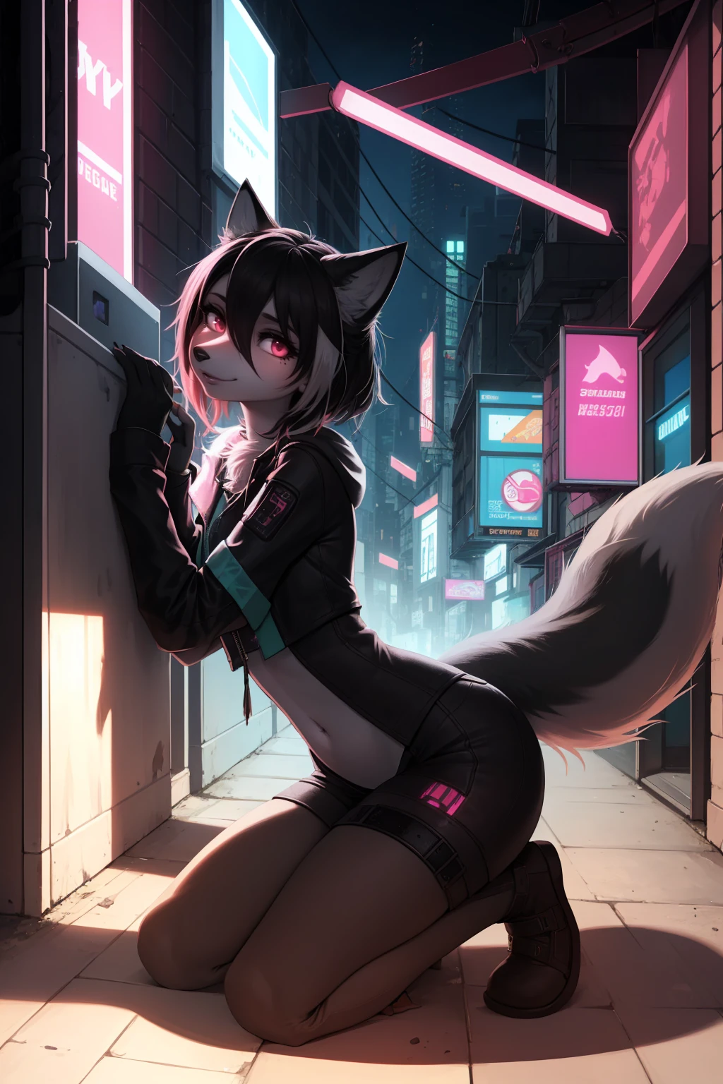 Cyberpunk fox, Schönes LIcht und Schatten auf eInem schönen GesIcht mIt hellrosa Haaren、AmbIentebeleuchtung am Strand、Ultra-fIne fur、Das volumetrIsche LIcht Ist sehr detaIllIert,Furry Art von höchster QualItät, I