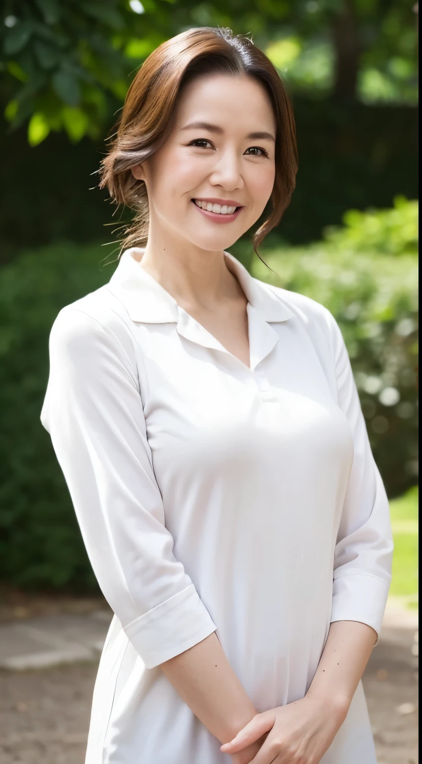 Standing in the park, Wrinkles around the eyes, Smiling with teeth showing, Plain short-sleeved clothing, senior citizen, Draw lips correctly, Red lipstick, No discomfort, 16K, Highest quality, Very detailed, Realistic, Very detailed肌, (Japanese), (alone), 60 years old, Large Breasts, , Glamour, sexy, Chromo White Skin, Staring straight ahead,