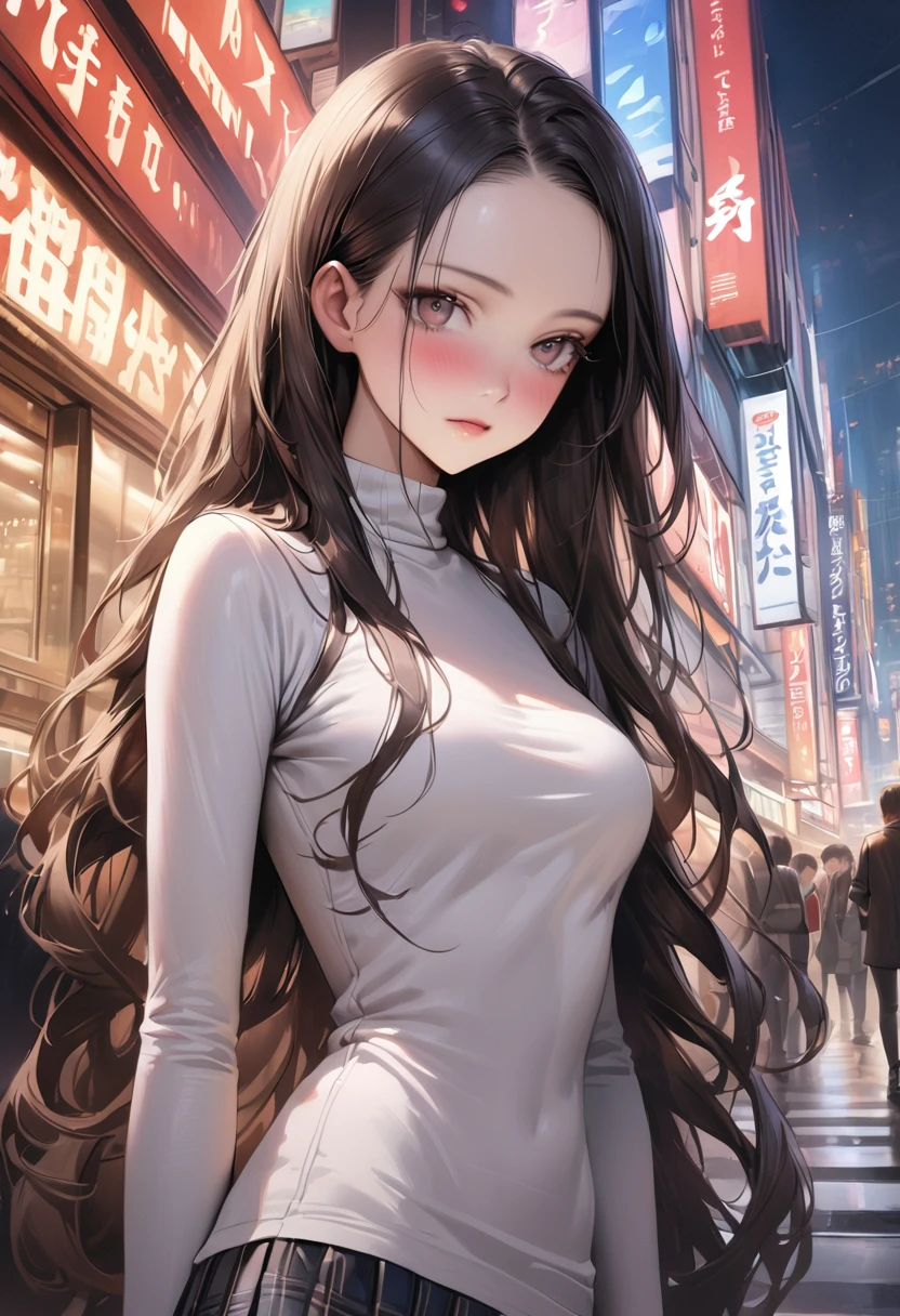 (realistic),((masterpiece,Highest quality:1.3,best quality illustration)),cowboy shot,独奏,1woman,(25 year old beauty),((very small head:1.3)),black hair,long hair,forehead,center parted bangs,black eyes,gorgeous big eyes,blush,((very long body,skinny)),medium breasts,White long sleeve turtleneck knit sweater、Dark blue plaid mini skirt、gleaming skin,toned body,slender body,skinny,standing,on street,Shinjuku、Tokyo、