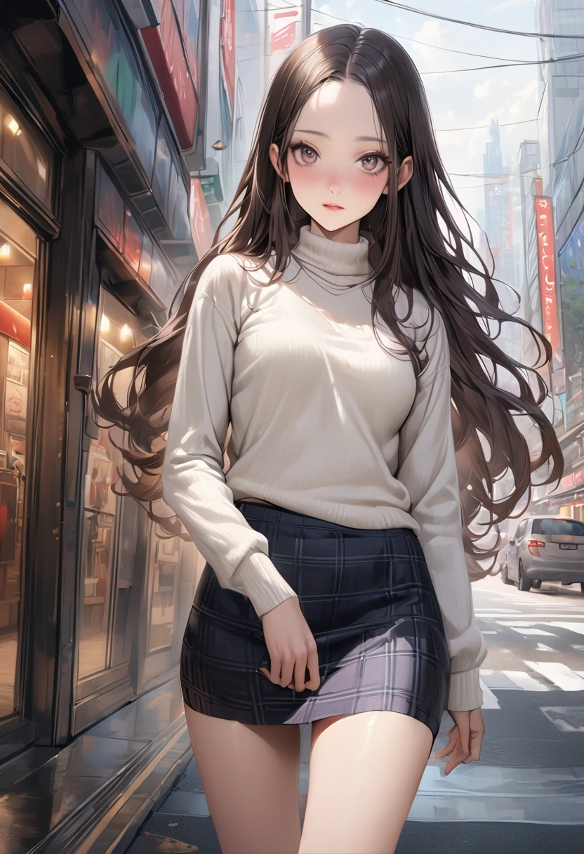 (realistic),((masterpiece,Highest quality:1.3,best quality illustration)),cowboy shot,独奏,1woman,(25 year old beauty),((very small head:1.3)),black hair,long hair,forehead,center parted bangs,black eyes,gorgeous big eyes,blush,((very long body,skinny)),medium breasts,White long sleeve turtleneck knit sweater、Dark blue plaid mini skirt、gleaming skin,toned body,slender body,skinny,standing,on street,Shinjuku、Tokyo、