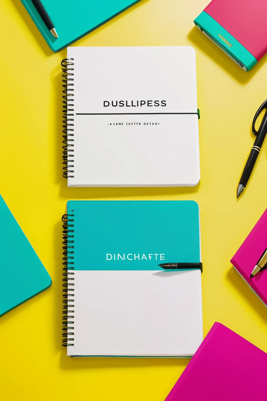 Generate a discount ad image with vibrant colors, displaysCreate a modern and striking image to announce the launch of a new line of notebooks and pens. Includes photos of the products and the text &#39;New arrivals: Notebooks and Pens&#39;