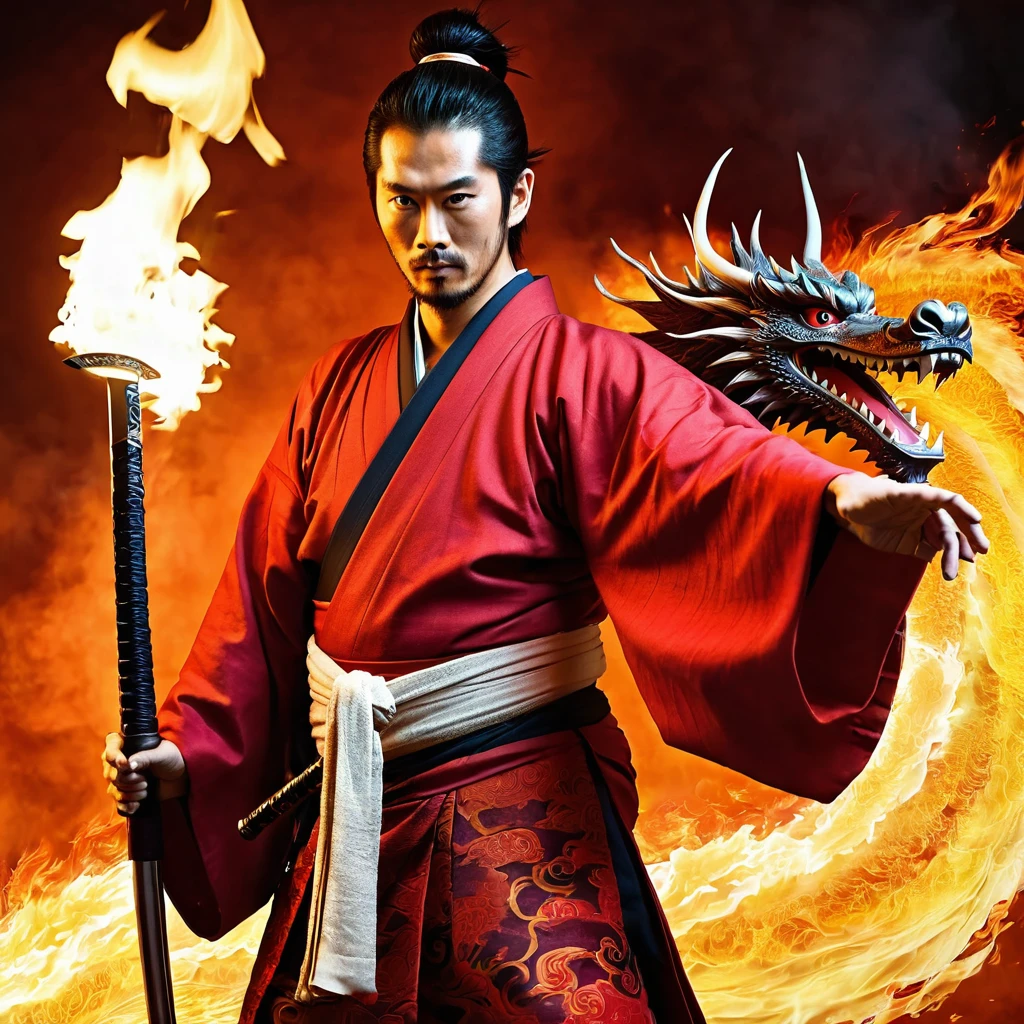 Samurai with red kimono with birth mark like fire on his hand holding a flaming sword who create a flaming dragon.