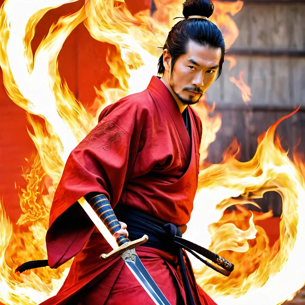 Samurai with red kimono with birth mark like fire on his hand holding a flaming sword who create a flaming dragon.
