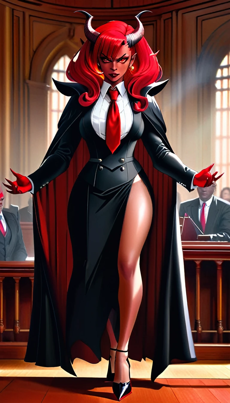 a picture of a female devil wearing barrister's wig and cloak in courtroom, a devilishly beautiful devil, ((full body shot: 1.5)), ((anatomically correct: 1.5), (ultra detailed face: 1.2), best detailed face, (red skin: 1.3), two black horns, wearing white button shirt, elegant skirt, wearing elegant stiletto heels, red tie, English barrister's wig, courtroom background, vibrant, Hyperrealism style, vibrant, Ultra-high resolution, High Contrast, (masterpiece:1.5), highest quality, Best aesthetics), best details, best quality, highres, ultra wide angle, 16k, [ultra detailed], masterpiece, best quality, (extremely detailed) RAW, photograph, Hyperrealism style, demonmawAI
