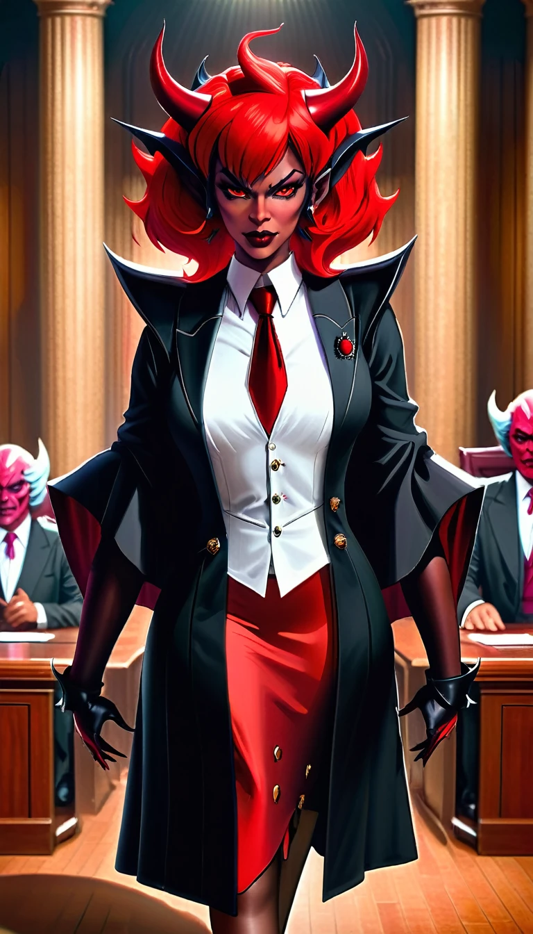 a picture of a female devil wearing barrister's wig and cloak in courtroom, a devilishly beautiful devil, ((full body shot: 1.5)), ((anatomically correct: 1.5), (ultra detailed face: 1.2), best detailed face, (red skin: 1.3), two black horns, wearing white button shirt, elegant skirt, wearing elegant stiletto heels, red tie, English barrister's wig, courtroom background, vibrant, Hyperrealism style, vibrant, Ultra-high resolution, High Contrast, (masterpiece:1.5), highest quality, Best aesthetics), best details, best quality, highres, ultra wide angle, 16k, [ultra detailed], masterpiece, best quality, (extremely detailed) RAW, photograph, Hyperrealism style, demonmawAI