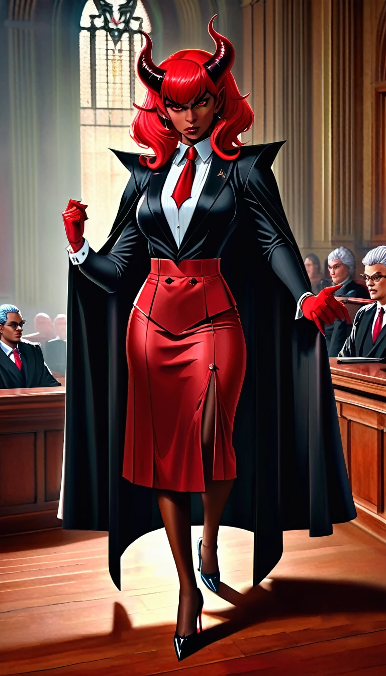 a picture of a female devil wearing barrister's wig and cloak in courtroom, a devilishly beautiful devil, ((full body shot: 1.5)), ((anatomically correct: 1.5), (ultra detailed face: 1.2), best detailed face, (red skin: 1.3), two black horns, wearing white button shirt, elegant skirt, wearing elegant stiletto heels, red tie, English barrister's wig, courtroom background, vibrant, Hyperrealism style, vibrant, Ultra-high resolution, High Contrast, (masterpiece:1.5), highest quality, Best aesthetics), best details, best quality, highres, ultra wide angle, 16k, [ultra detailed], masterpiece, best quality, (extremely detailed) RAW, photograph, Hyperrealism style, demonmawAI