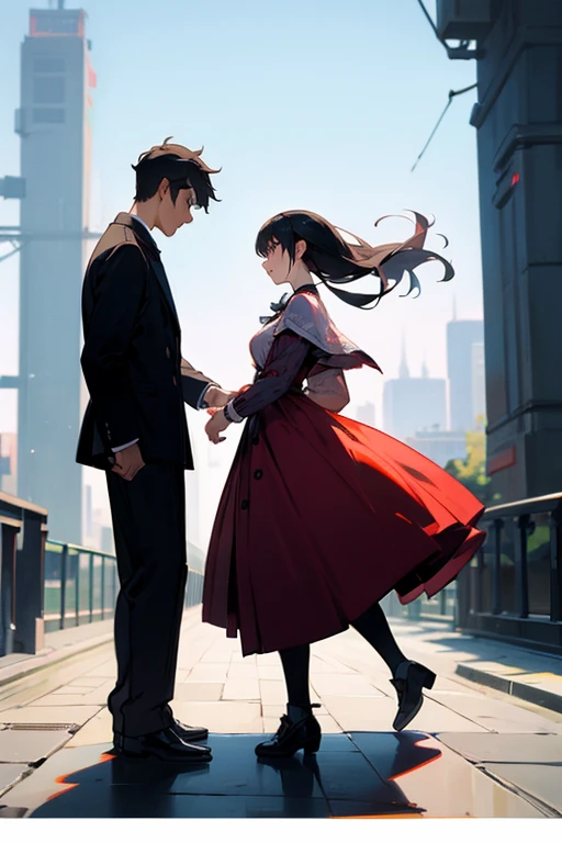 A man and a woman confront each other on flat ground，Full body photo from the side
