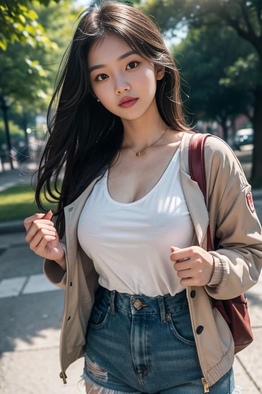A closeup, A cute hourglass body, 18-year-old beautiful asian teen girl , She has long light brown straight hair, radiating sensuality and confidence. she poses, exuding youthful sensuality, first-person view, pov, bokeh, Nikon, UHD, retina, masterpiece, ccurate, anatomically correct, textured skin, super detail, high details, high quality, award winning, best quality, highres, HD, solo focus, huge breast, enjoying her time, closeup, angle view , wearing a cute floral shorts rompers, jacket, backpack, at the park, trees, on the sidewalk, selfie , 8K , hyper realistic, soft light