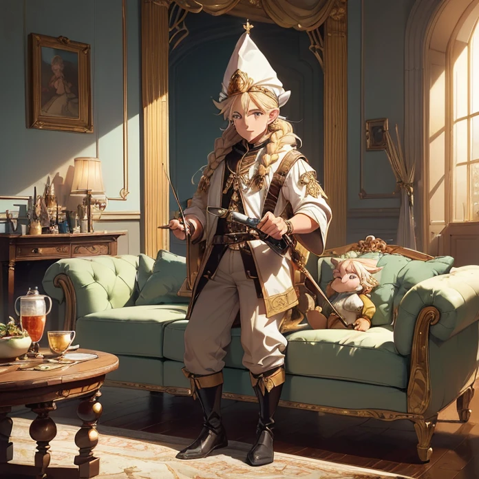 (absurdres, masterpiece, best high quality image epic artwork, high fantasy genre, carefully detailed image, carefully detailed textures, animalistic character, fantasy animal artwork, anthropomorphic, real animal features, solo animal character, full anthro animal body view)
{{((1character: 70 years old blonde male gnome sniper: (short sized body, light blue eyes, golden hair tied on braid, long golden bear, big nose, thick golden eyebrows, short ears, short legs, big feet, short arms, short hands), (green cone hat, white elegant shirt, red pants, green boots, (black crossbow)), (gentle smile, relaxed confident pose, holding his weapon down), (gnome steel castle, long french styled table, steeled walls, white sofas))}}