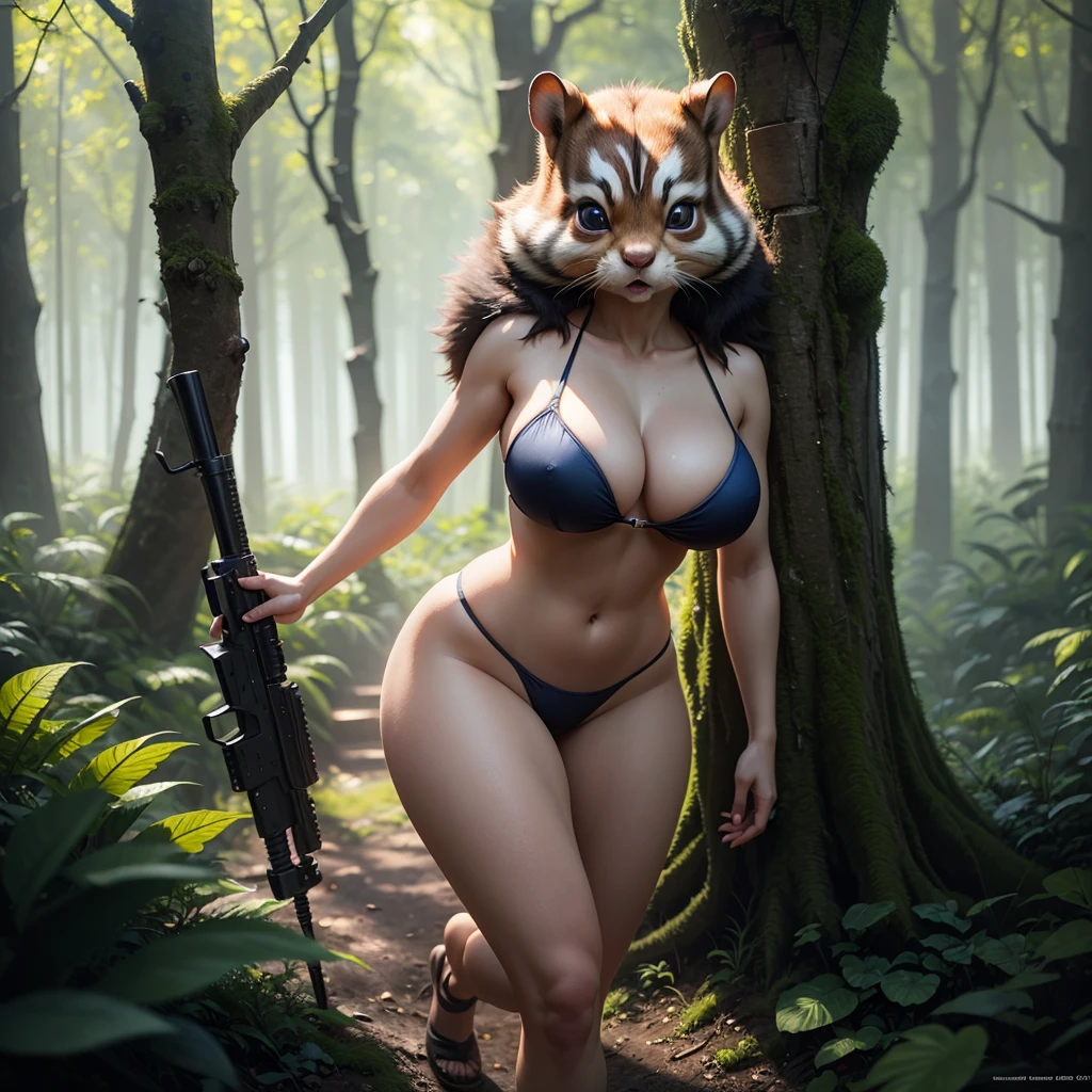 a cute furry chipmunk-themed alien woman in a sexy furry bikini, with huge eyes, huge breasts, athletic body, body fur, sneaking up on an Imperial base in a forest, blaster pistol, detailed face, hyperrealistic, 8k, photorealistic, masterpiece, dramatic lighting, cinematic, sci-fi, concept art