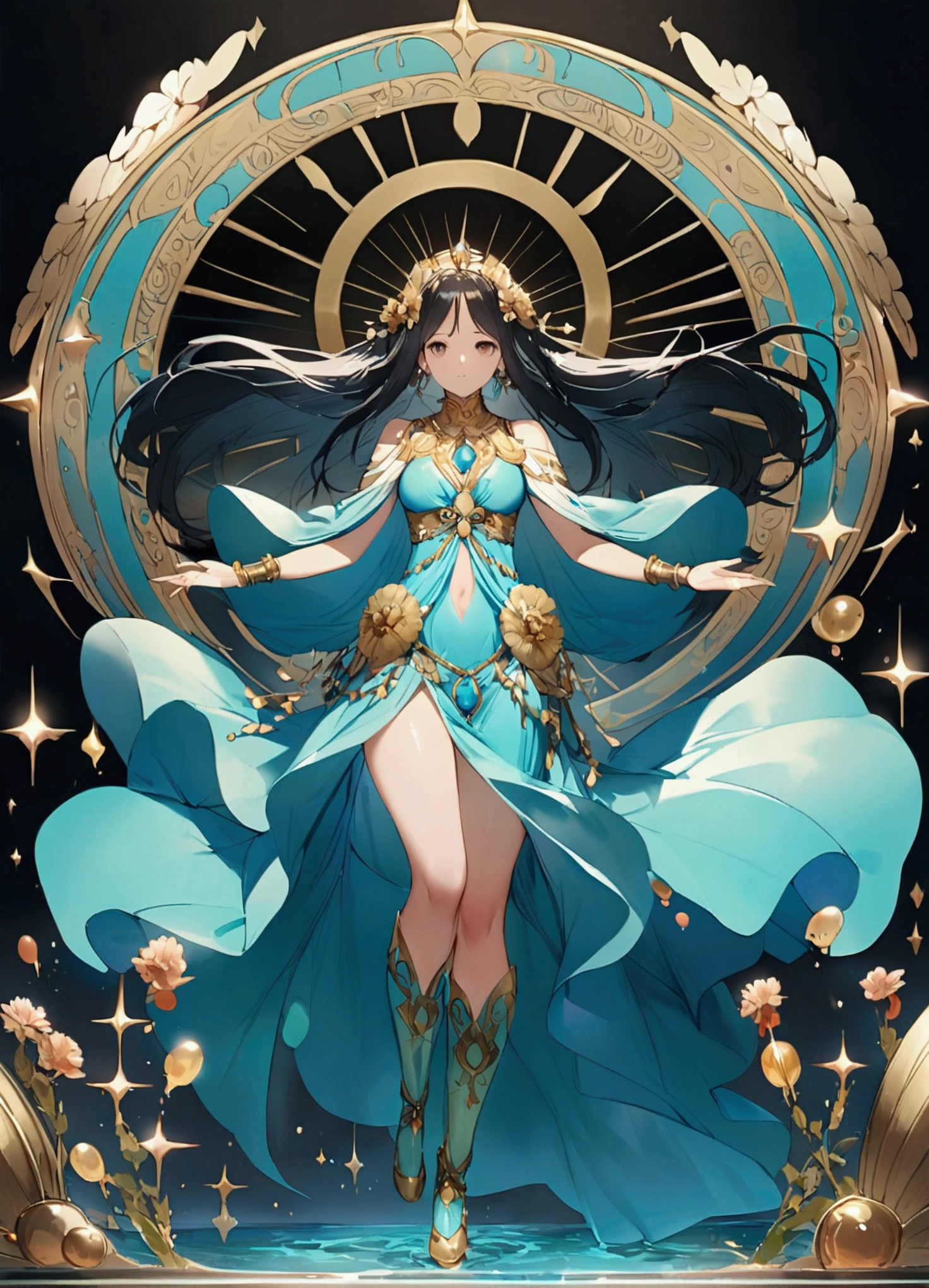 Black Hair。Angel&#39;s wing。Blue Robe。Wearing boots。Water Goddess。