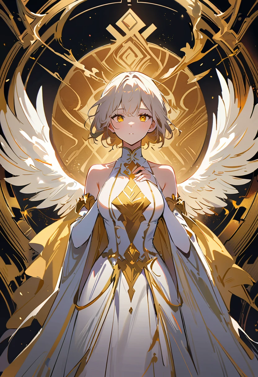 (work of art, best qualityer, ultra HD, 8k, wall-paper), Cinematic sensation, perfect hands, perfects eyes, detailedeyes, a man with white wings showing his entire body, wide and elegant white costume with strategic yellow details, displaying the powerful yellow tones in both of the character's eyes,, renderize a arte em uma impressionante resolução de 8k para mostrar todos os detalhes complexos, bringing the character and scene to life, set the stage under a clear, star-studded night sky, with the full moon casting its ethereal glow over the environment, capture the cinematic essence.