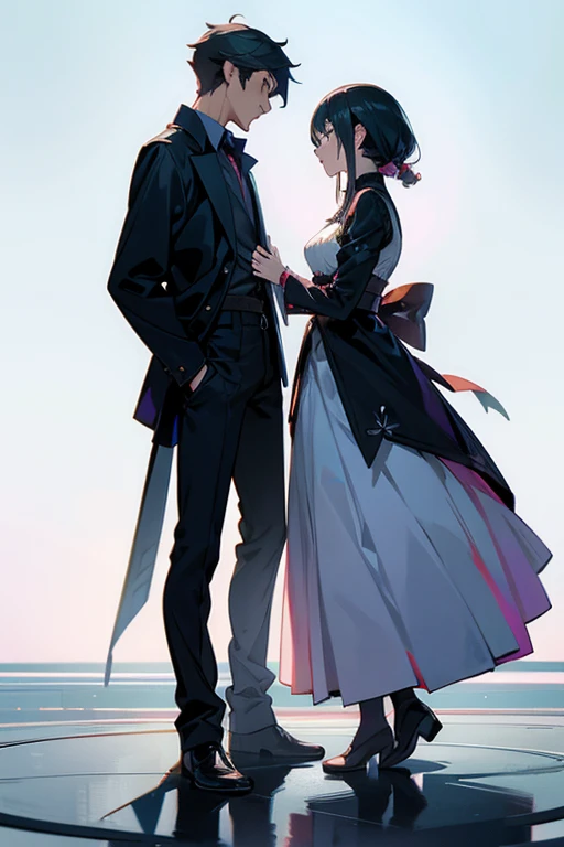 A man and a woman confront each other on flat ground，Full body photo from the side，There is not much height difference between the two