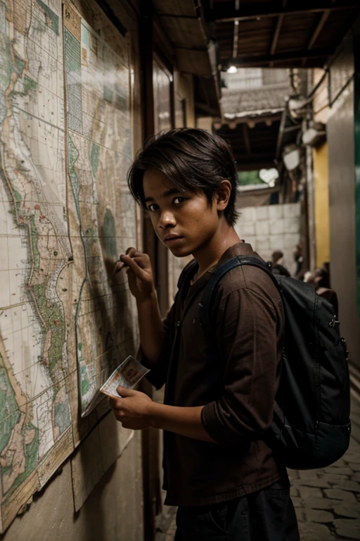 Prompt: Full HD, realistic, cinematic shot of a curious young traveler looking at a map of Indonesia.