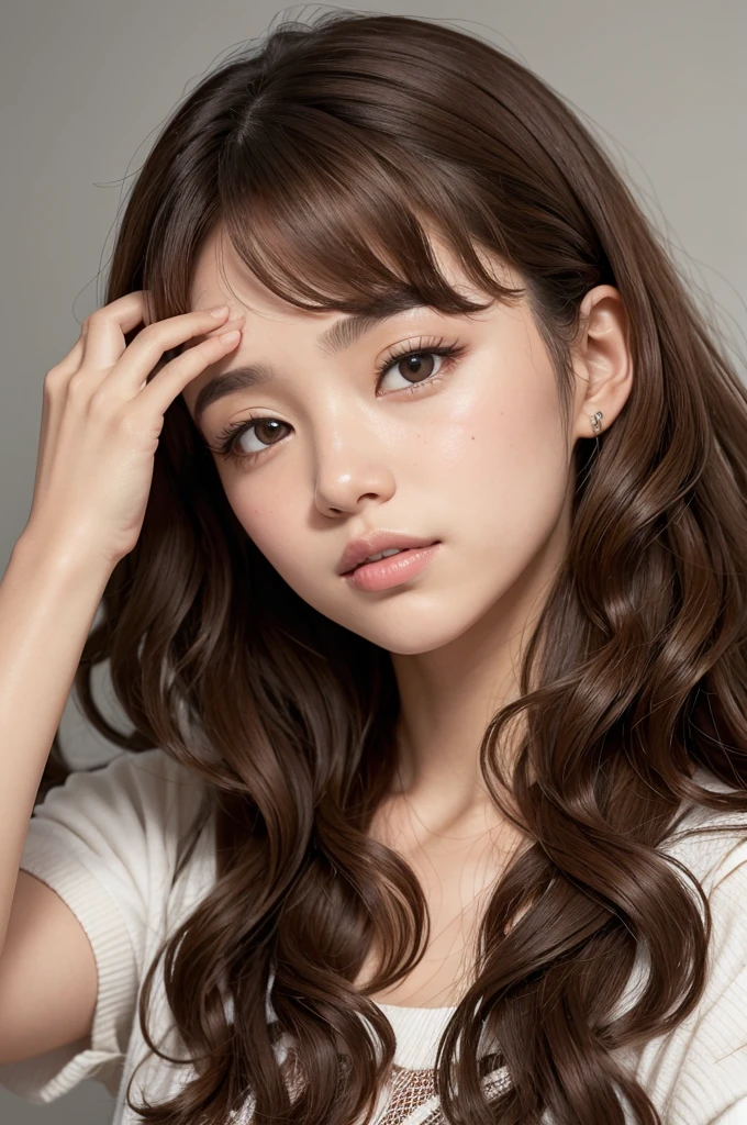 One with curly brown hair with her hand on her face covering