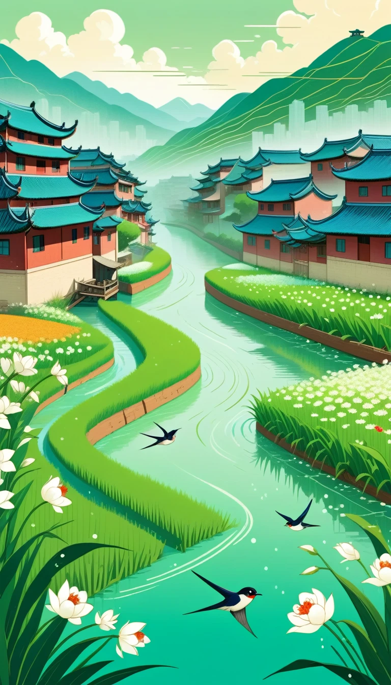 Qingming Festival Chinese countryside, plants and flowers, swallows, wicker, rice field, light rain, river, bright, spring green, bright background, blank at the top of the frame, flat illustration, Victo Ngai style