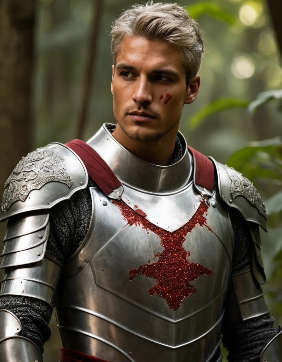 {Masterpiece, best quality, painting, dramatic, male focus}, ((((the full body portrait of a 30 year old male knight, manly, sexy, tall, young, tan skin, he has silver hair, tan, scarred face, sullen, arrogant, pensive, majestic)))), (((He is covered in blood, wearing cyborg plate armor, with a red diamond shape on his chest))). ((Jungle background, hawk moths flying))