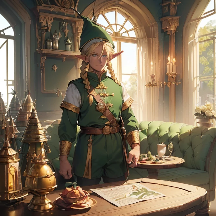 (absurdres, masterpiece, best high quality image epic artwork, high fantasy genre, carefully detailed image, carefully detailed textures, solo character, fantasy lone character, full body view)
{{((1character: 70 years old blonde male gnome sniper: (short sized body, light blue eyes, golden hair tied on braid, long golden bear, big nose, thick golden eyebrows, short ears, short legs, big feet, short arms, short hands), (green cone hat, white elegant shirt, red pants, green boots, (black crossbow)), (gentle smile, relaxed confident pose, holding his weapon down), (gnome steel castle, long french styled table, steeled walls, white sofas))}}