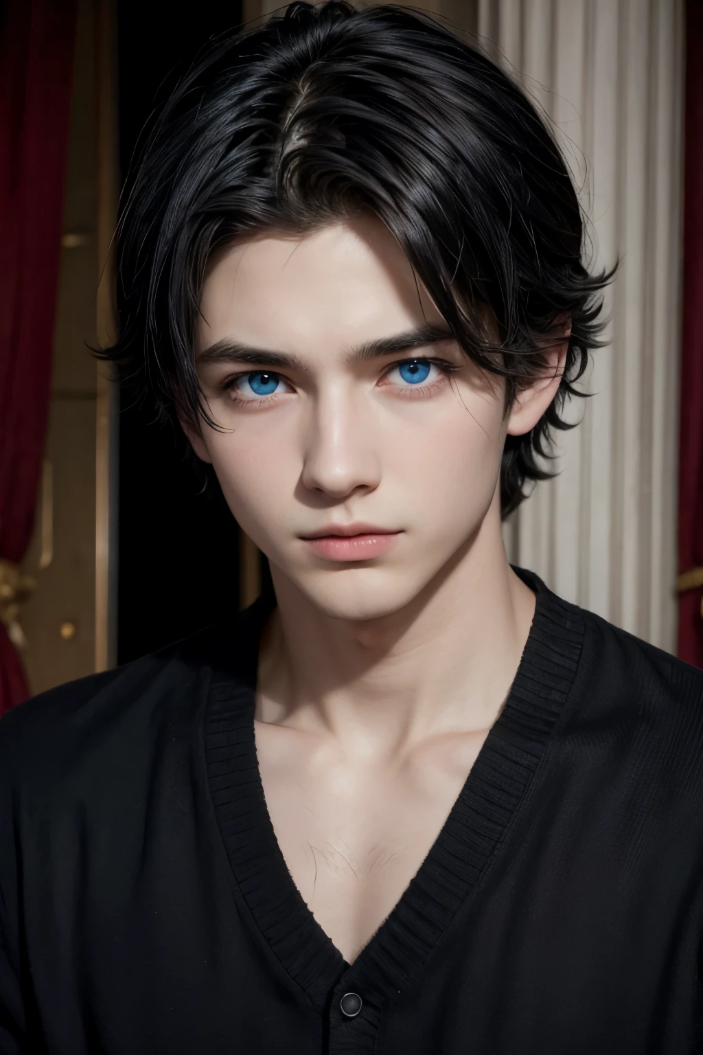 A close up of a person with a black shirt and blue eyes - SeaArt AI