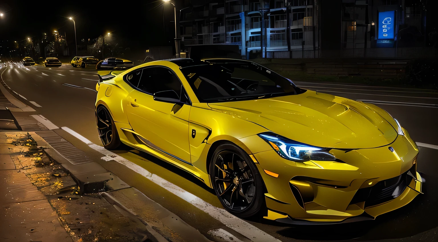 Yellow sports car parked on the roadside at night, Yellow light from right, shiny yellow, Ultra Detailed!!, yellow artificial lighting, yellow lightning, forward lighting, Ultra Detailed!!!, yellow flash, Equipped with cool headlights, Inspired by An Gyeon, Yellow light, Glowing yellow eyes, Neon lights, it glows from the outside, His eyes glow yellow, tone