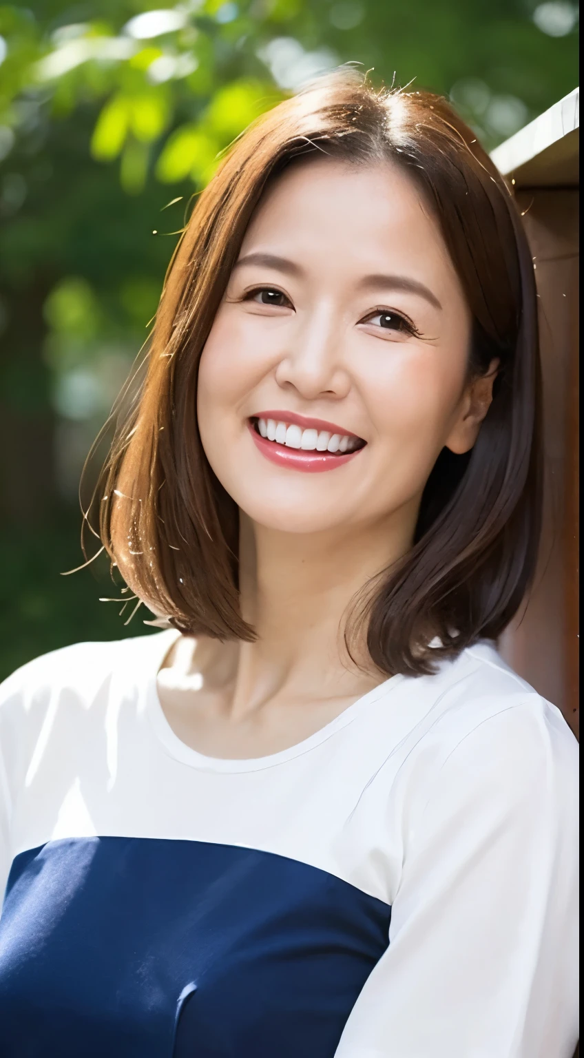 Standing in the park, Wrinkles around the eyes, Smiling with teeth showing, Plain short-sleeved clothing, senior citizen, Draw lips correctly, Red lipstick, No discomfort, 16K, Highest quality, Very detailed, Realistic, Very detailed肌, (Japanese), (alone), 60 years old, Large Breasts, , Glamour, sexy, Chromo White Skin, Staring straight ahead,