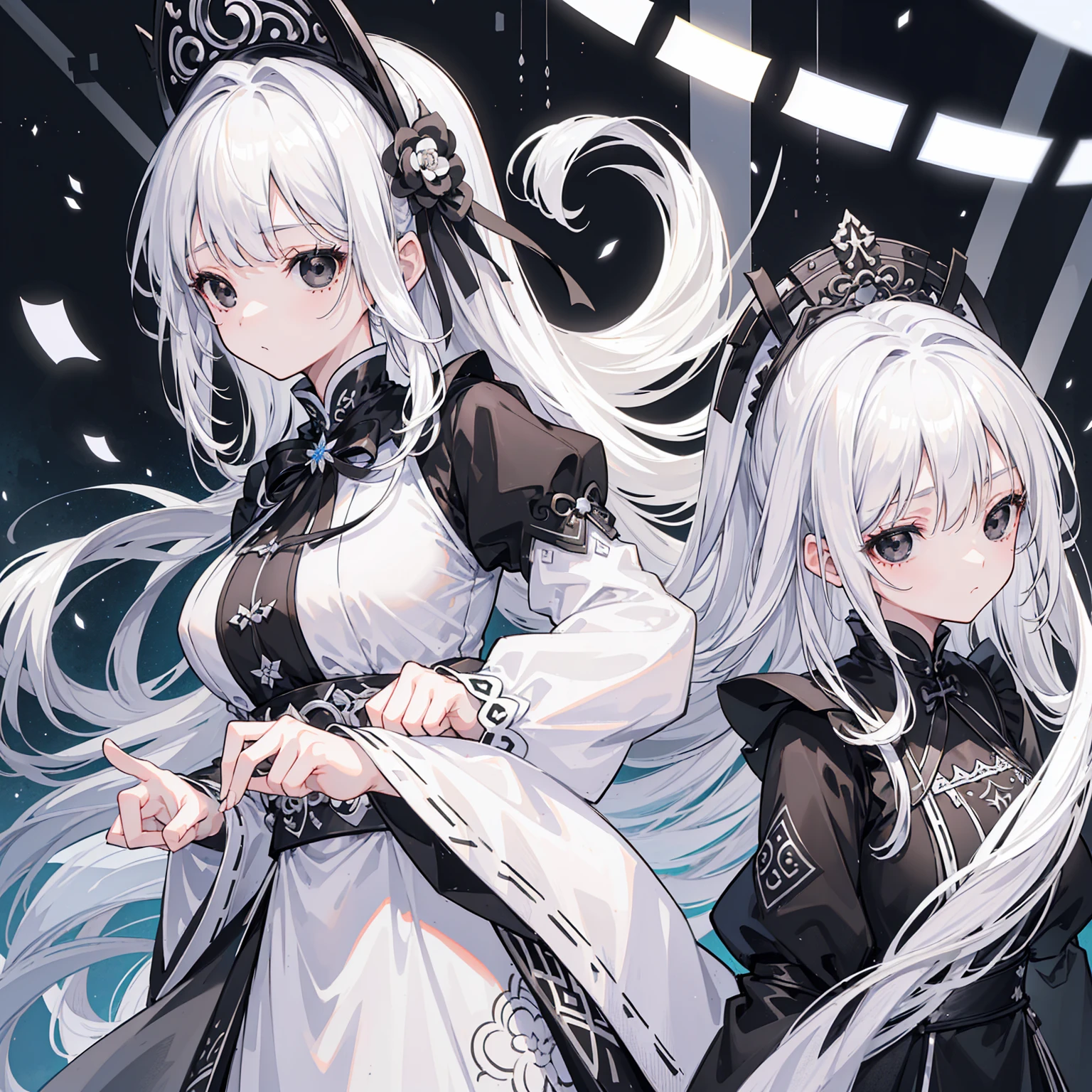 (Top image quality)、(Very detailed)、(Facing forward)、Top quality、masterpiece、(((1 girl )))、Silver Hair、White hair、((Long hair))、Weaving、(black eyes:1.6)、(White and black cheongsam)、Lots of decorations、Lots of ribbons、White Ribbon、Haggard、Fluffy loose hair