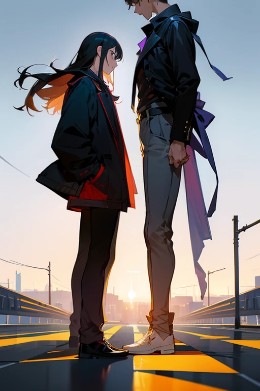 A man and a woman confront each other on flat ground,Full body photo from the side,There is not much height difference between the two,Both of them looked angry